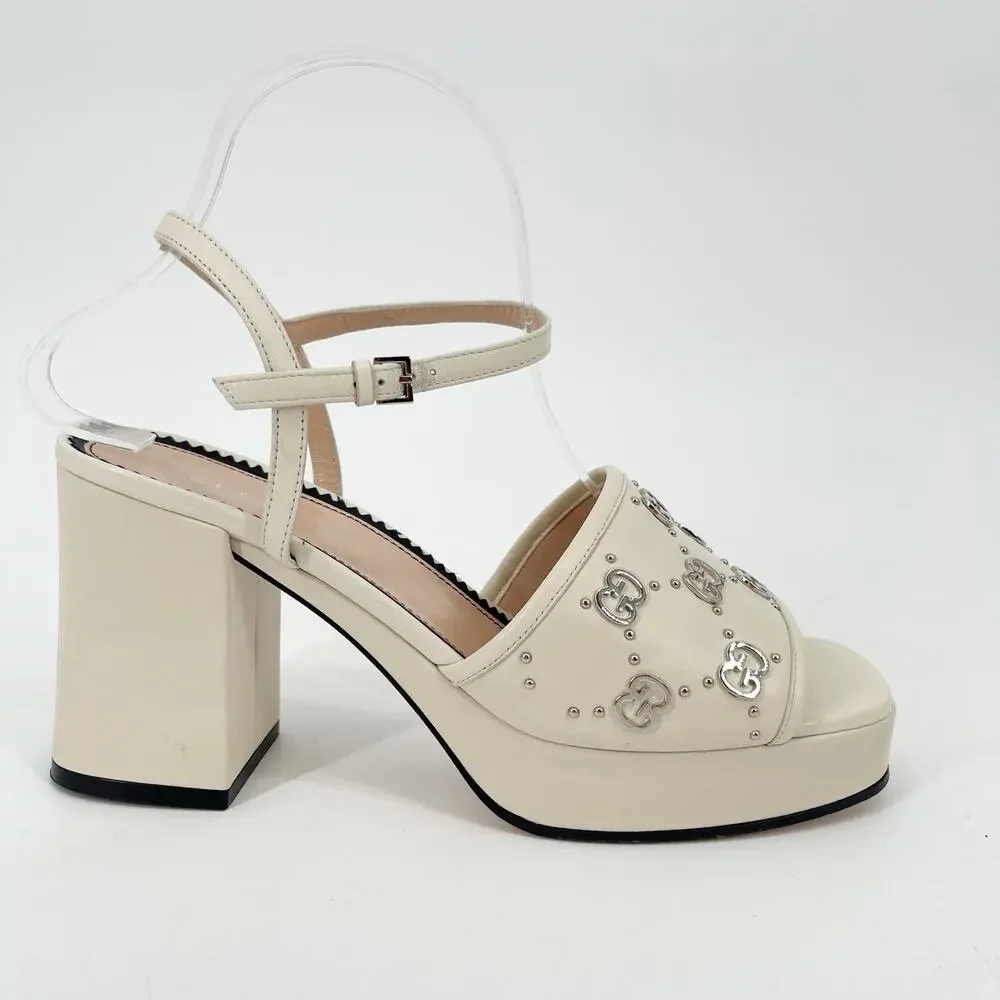 Gucci Mystic White Janaya Interlocking GG Studs Ankle Strap Sandals EU 38.5
